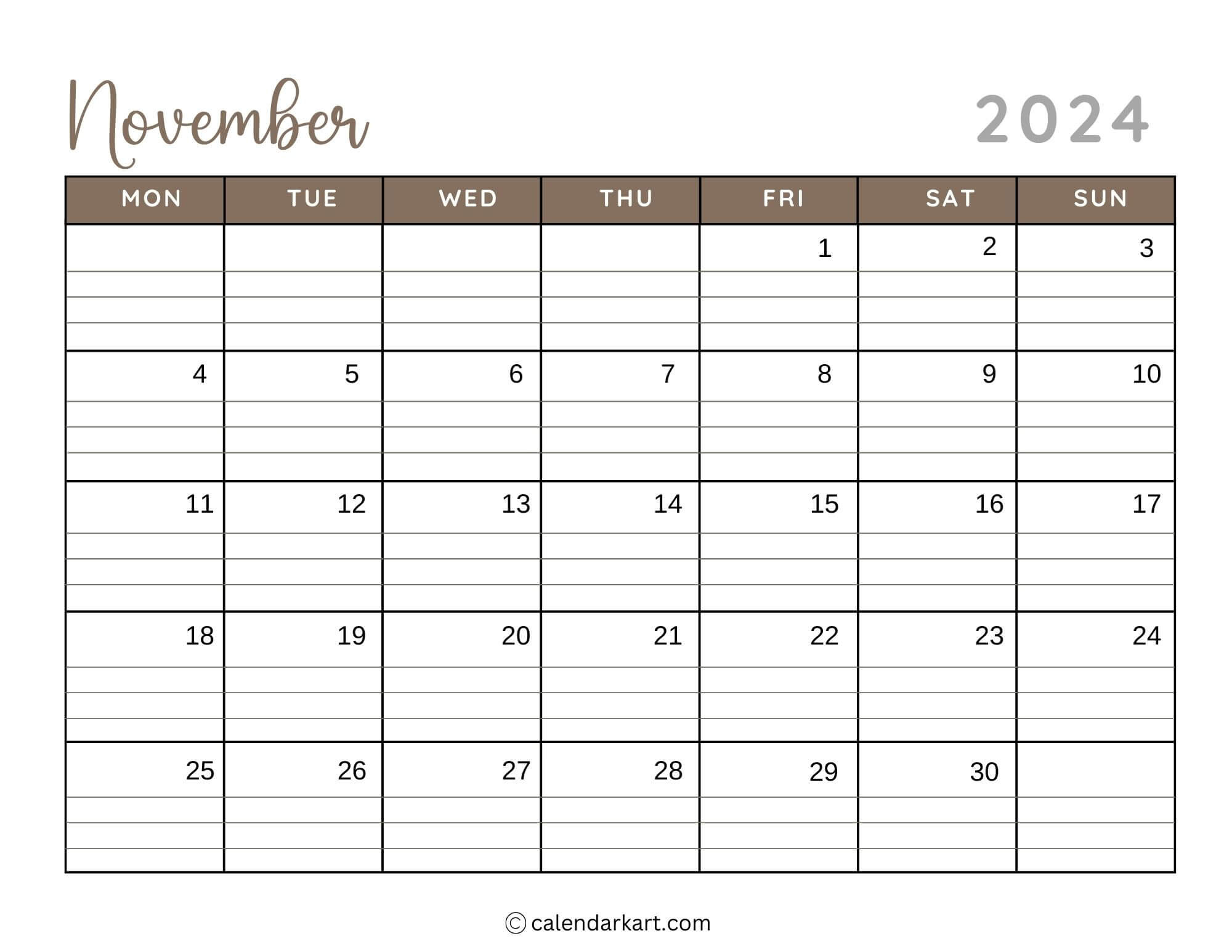 38 Printable November 2024 Calendars | Free Pdf - Calendarkart regarding November 2024 Calendar With Lines Printable