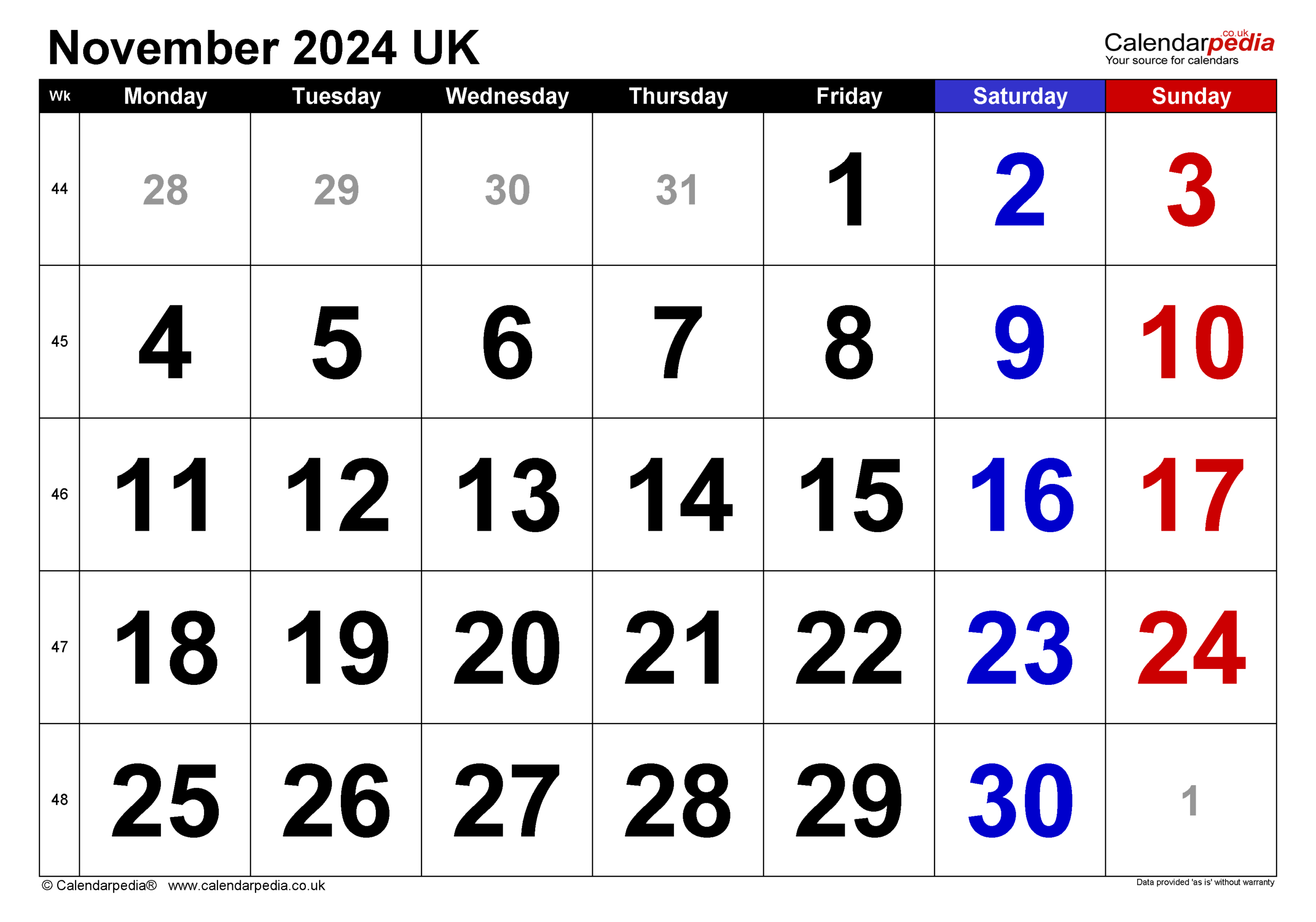 Calendar November 2024 Uk With Excel, Word And Pdf Templates intended for Large Printable Calendar November 2024