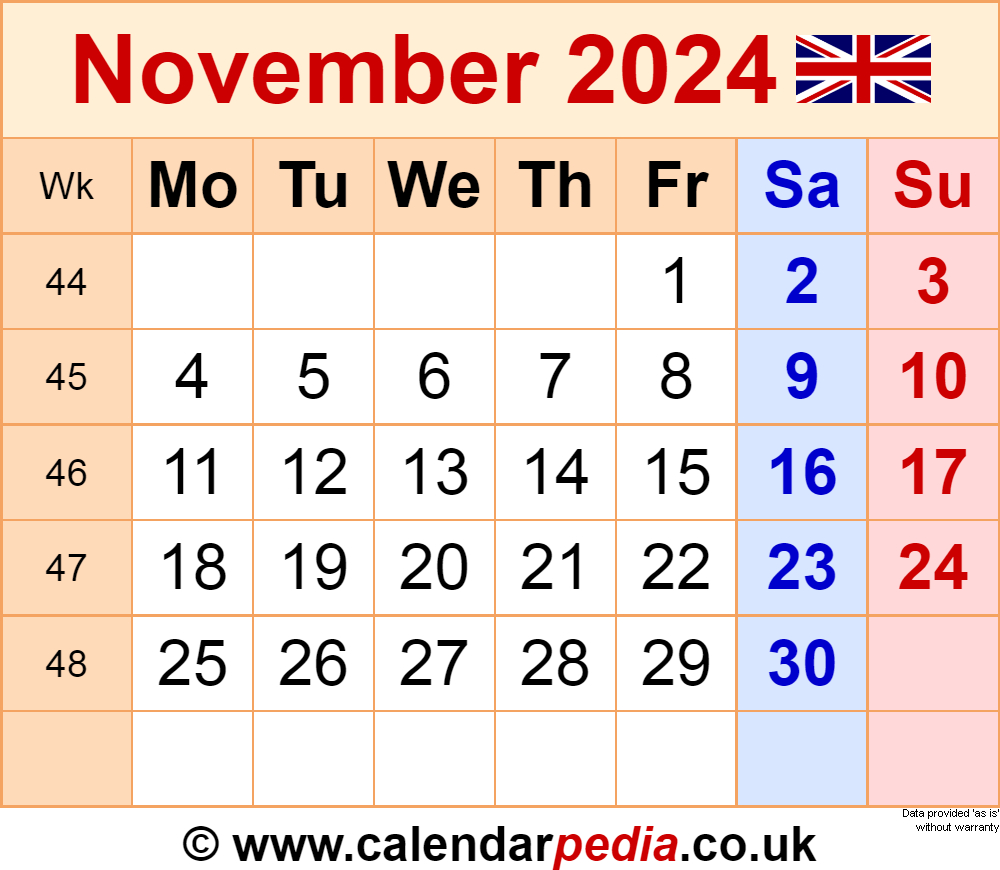 Calendar November 2024 Uk With Excel, Word And Pdf Templates pertaining to November 2024 Calendar Printable Uk