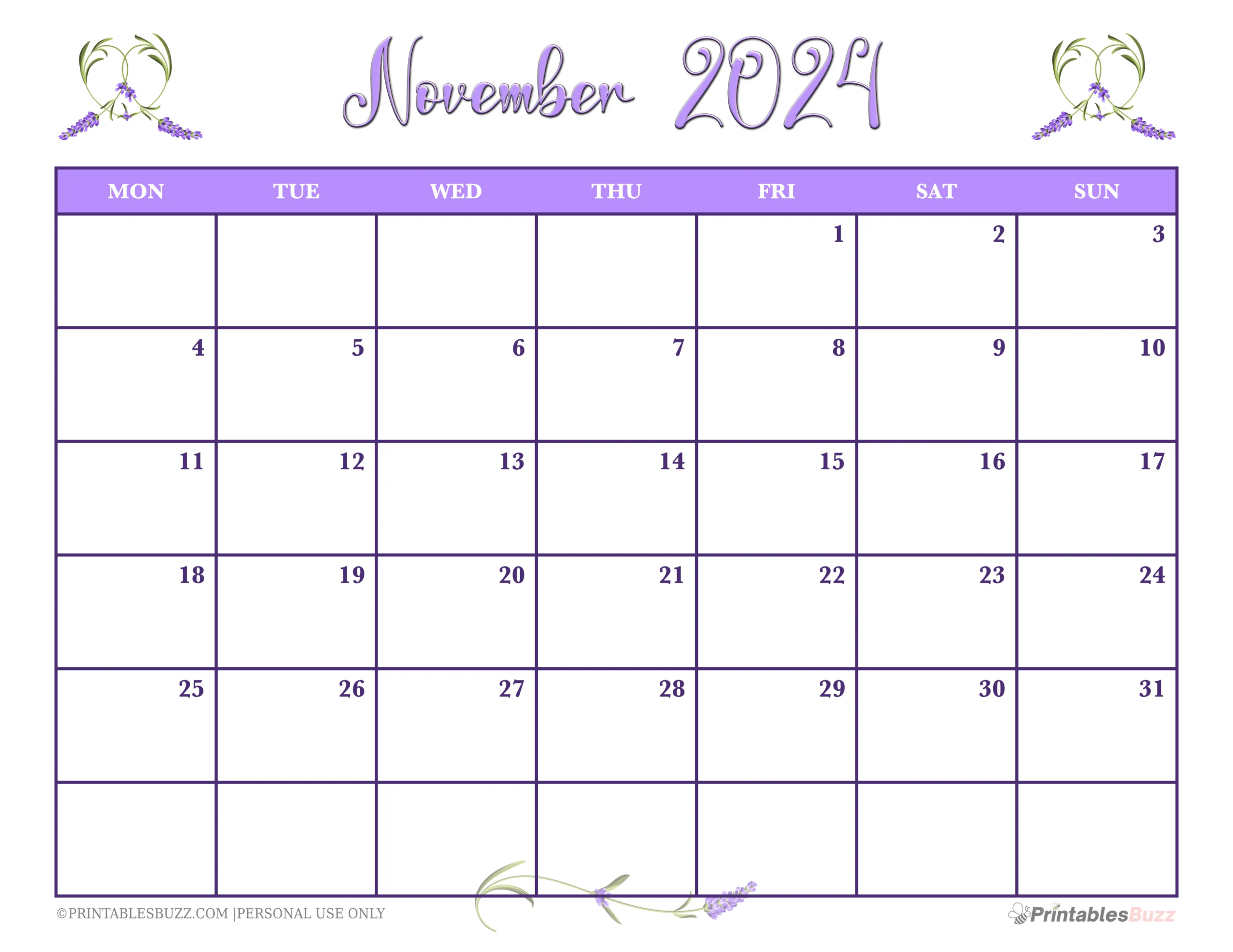 Cute &amp;amp; Fun November 2024 Calendar Printables with Fun November 2024 Calendar Printable