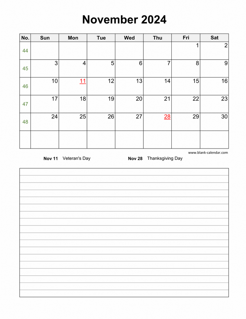 Download November 2024 Blank Calendar With Space For Notes (Vertical) intended for November 2024 Calendar With Notes Printable