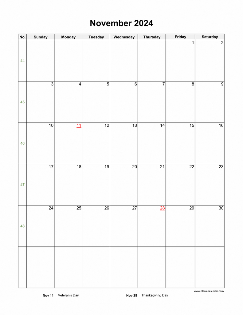 Download November 2024 Blank Calendar With Us Holidays (Vertical) with Printable Blank Calendar November 2024