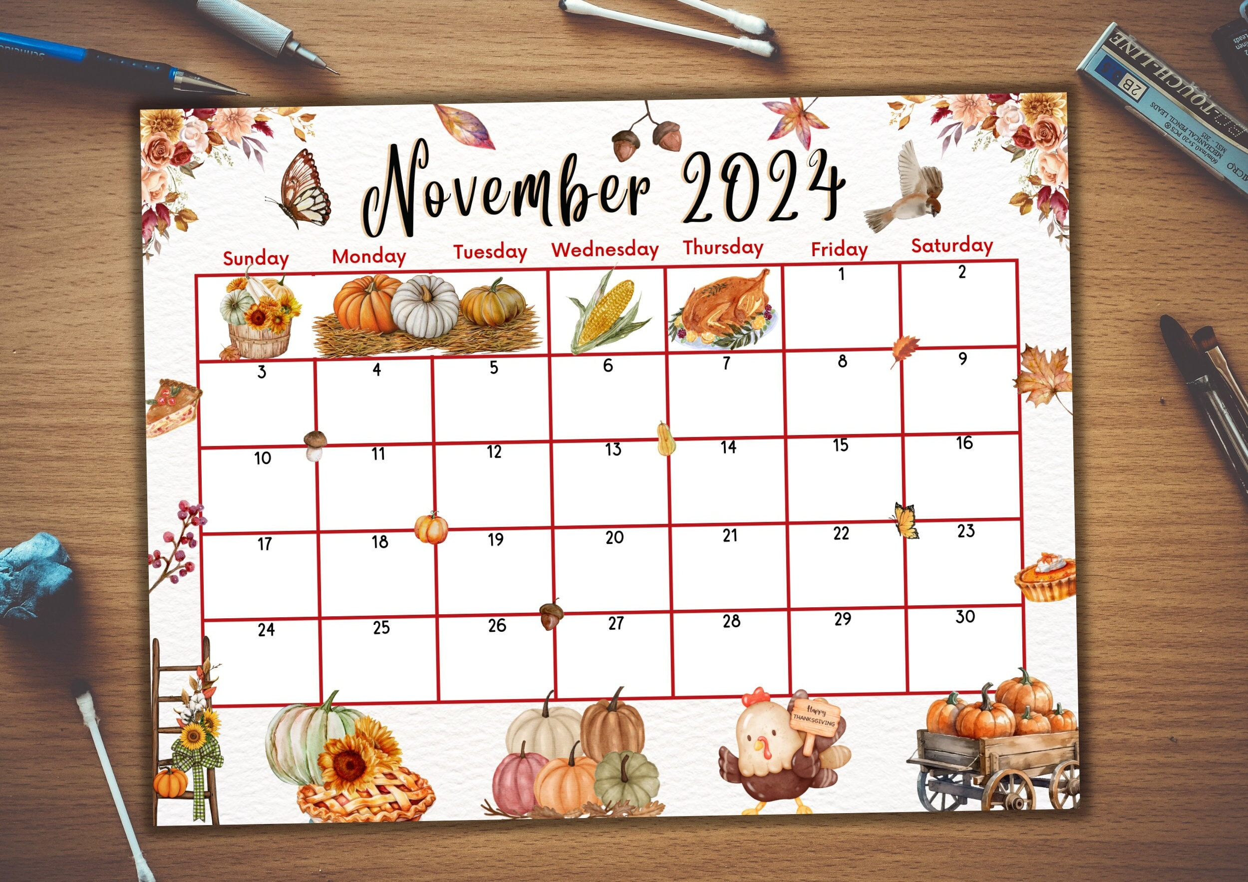 Editable Fillable November 2024 Calendar, Printable, Thanksgiving in November 2024 Turkey Calendar Printable