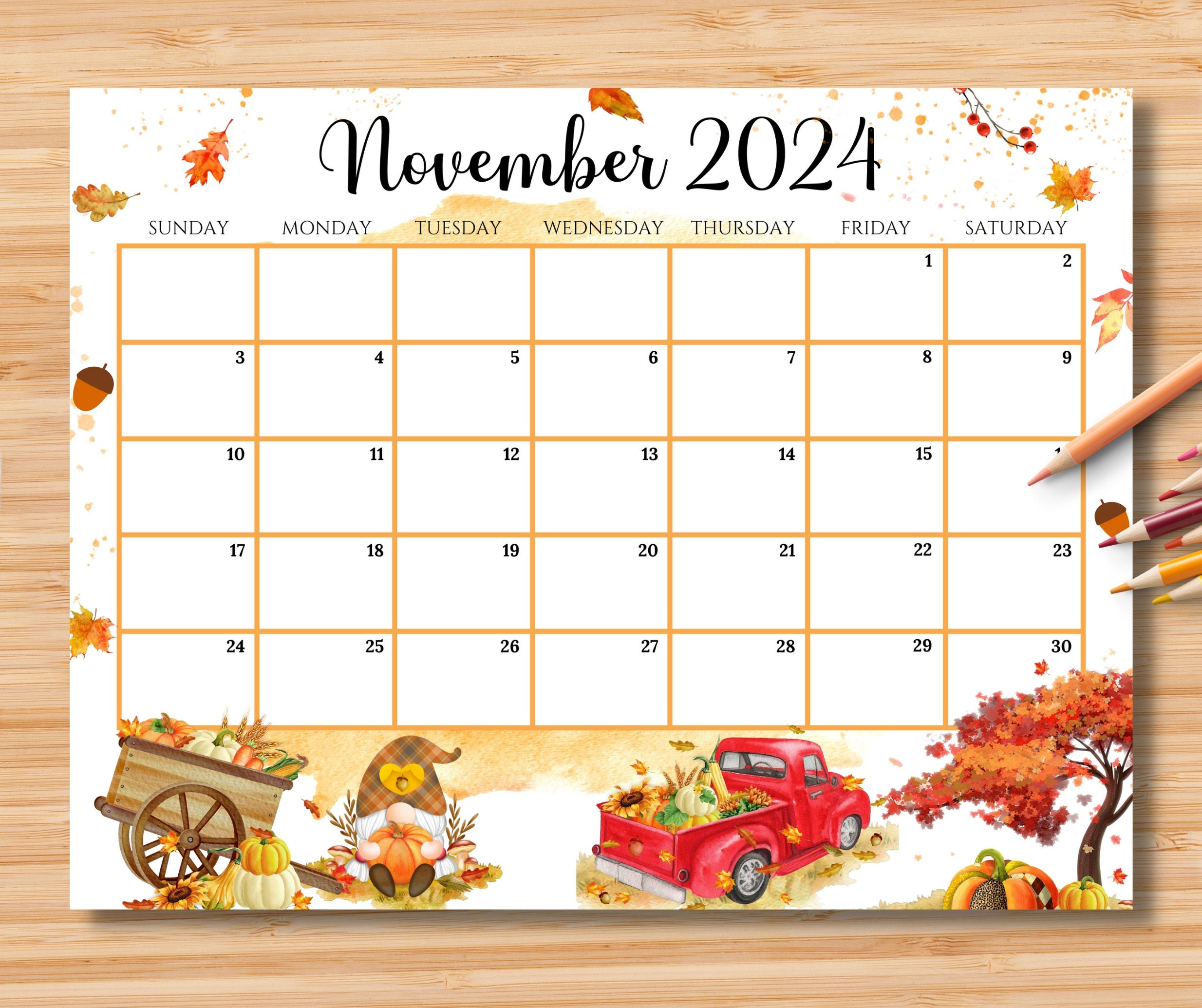 Editable November 2024 Calendar, Beautiful Fall Autumn W/ Pumpkins with Free Printable November 2024 Calendar Waterproof Paper