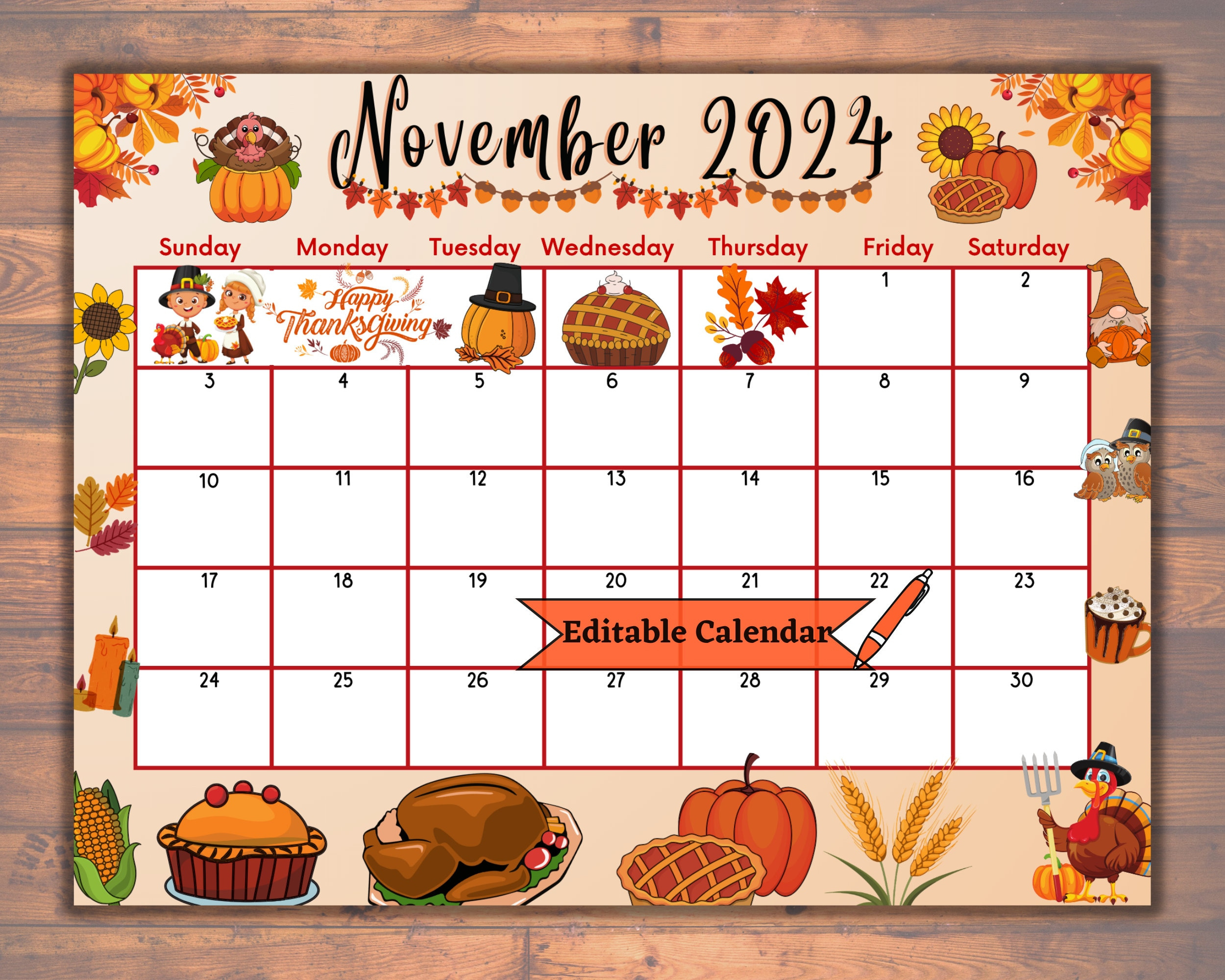 Editable November 2024 Calendar, Fillable, Printable, Happy in November 2024 Calendar Printable Thanksgiving