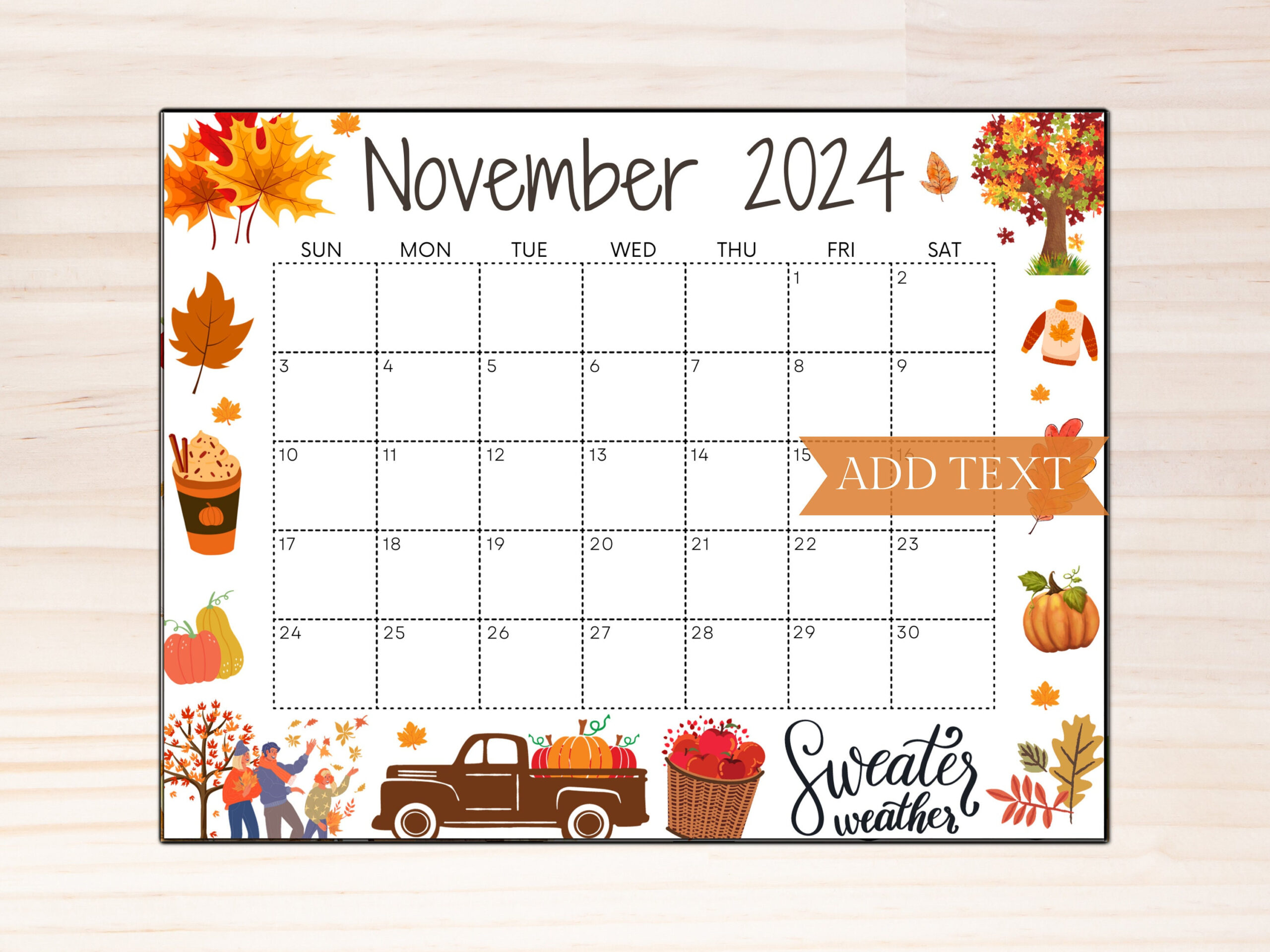 Editable November 2024 Calendar, Printable Fall Calendar, Wall with Fun Printable Calendar November 2024