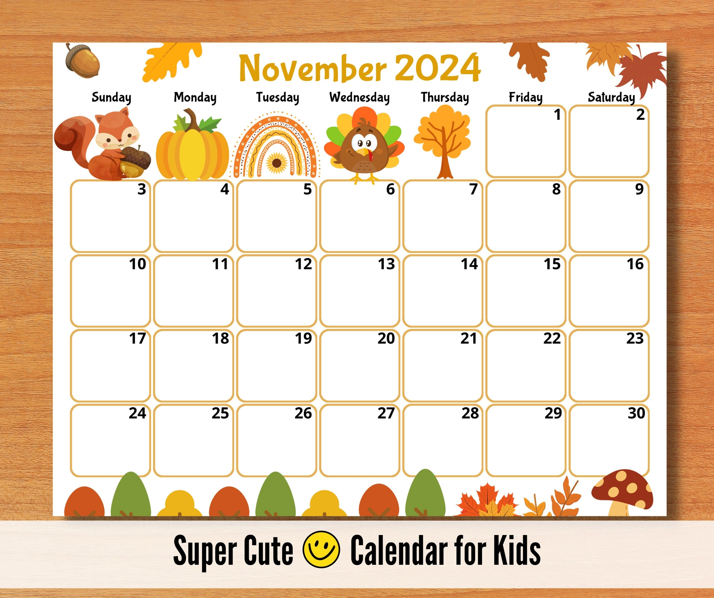 Editable November 2024 Calendar, Printable Kid Calendar 2024 in Kids Printable November 2024 Calendar