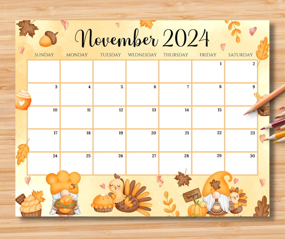 Editierbarer Kalender Für November 2024, Happy Thanksgiving Mit Süßen Zwergen Und Truthahn, Druckbarer Monatskalender, Sofort-Download - Etsy.de intended for November 2024 Calendar Printable Free Europ Style