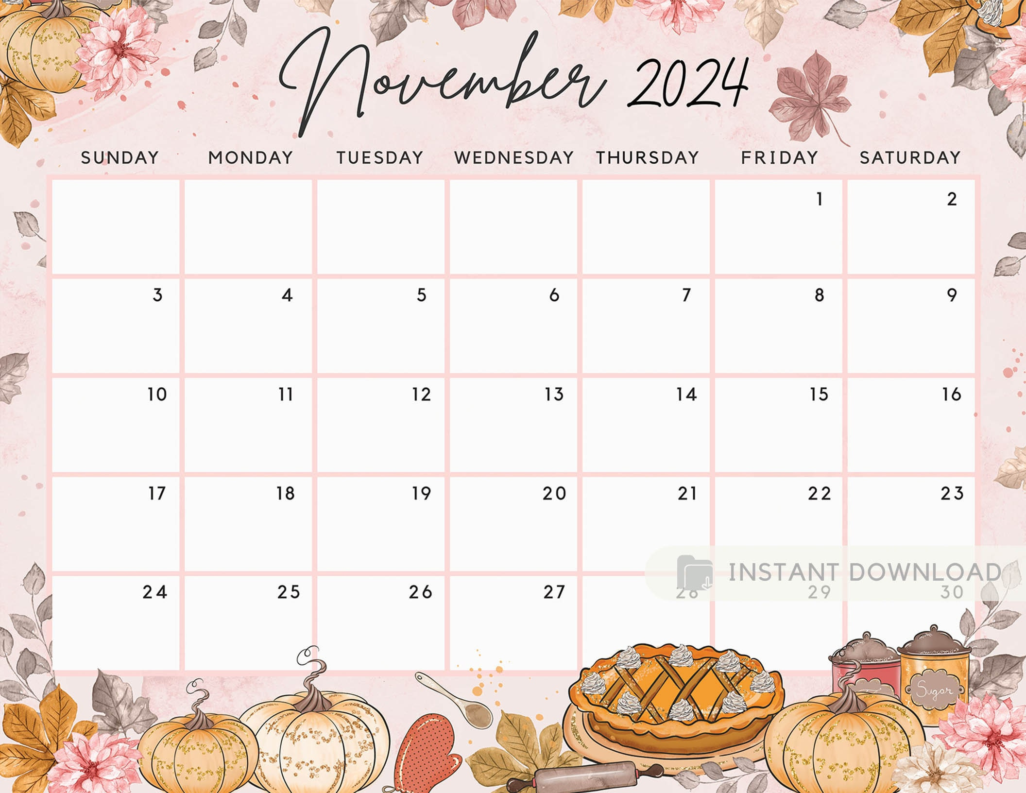 Fillable November 2024 Calendar, Sweet Autumn. Cute Fall Pumpkin for November 2024 Printable Calendar Cute