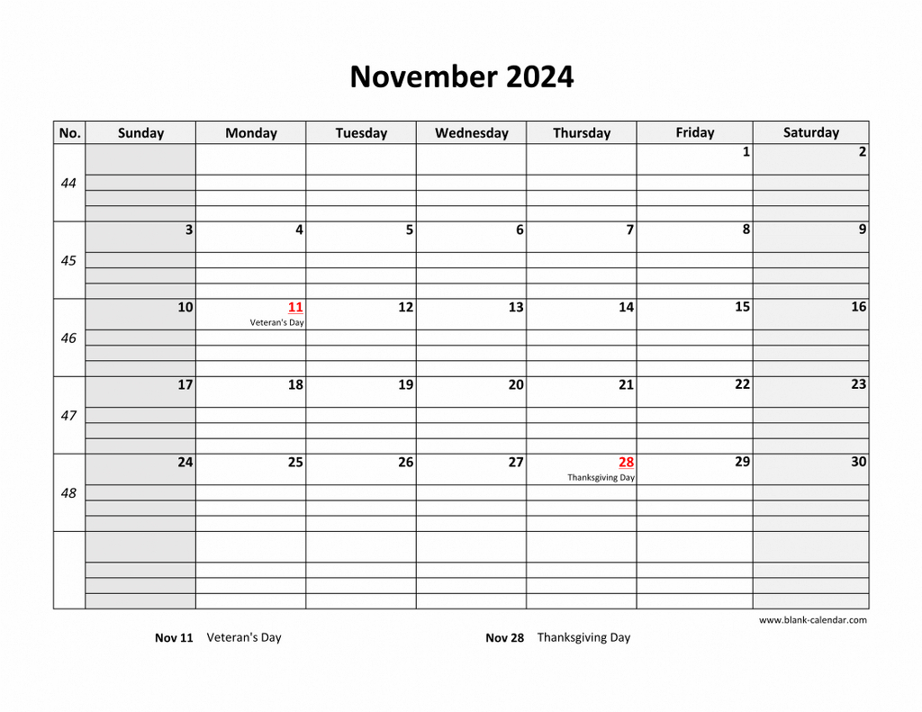 Free Download Printable November 2024 Calendar, Large Box Grid for Large Blank Calendar November 2024 Printable