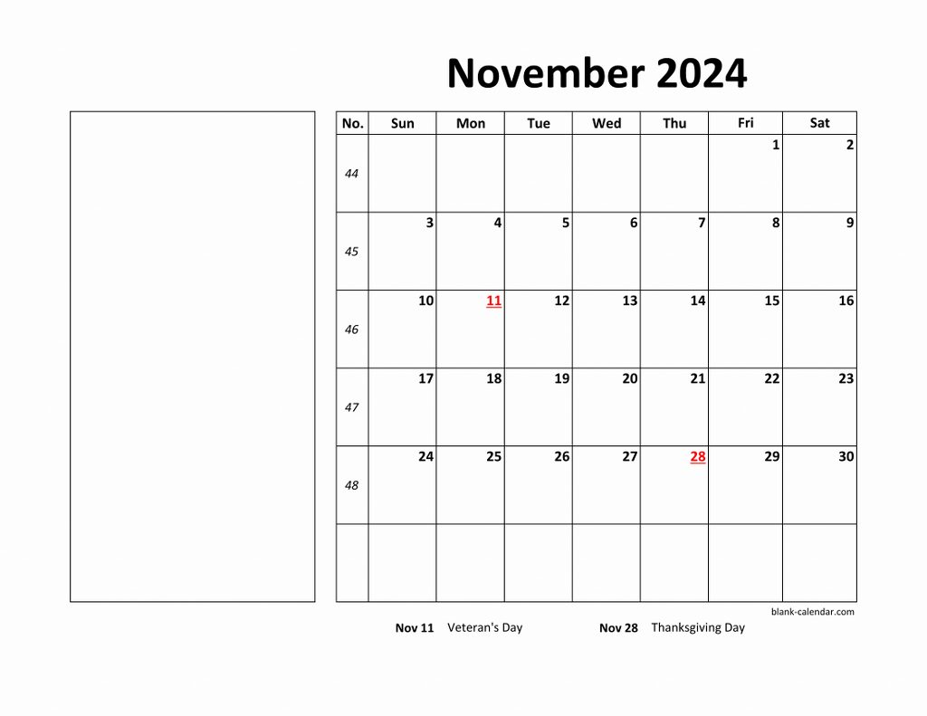 Free Download Printable November 2024 Calendar, Large Box in November 2024 Printable Calendar Large Boxes