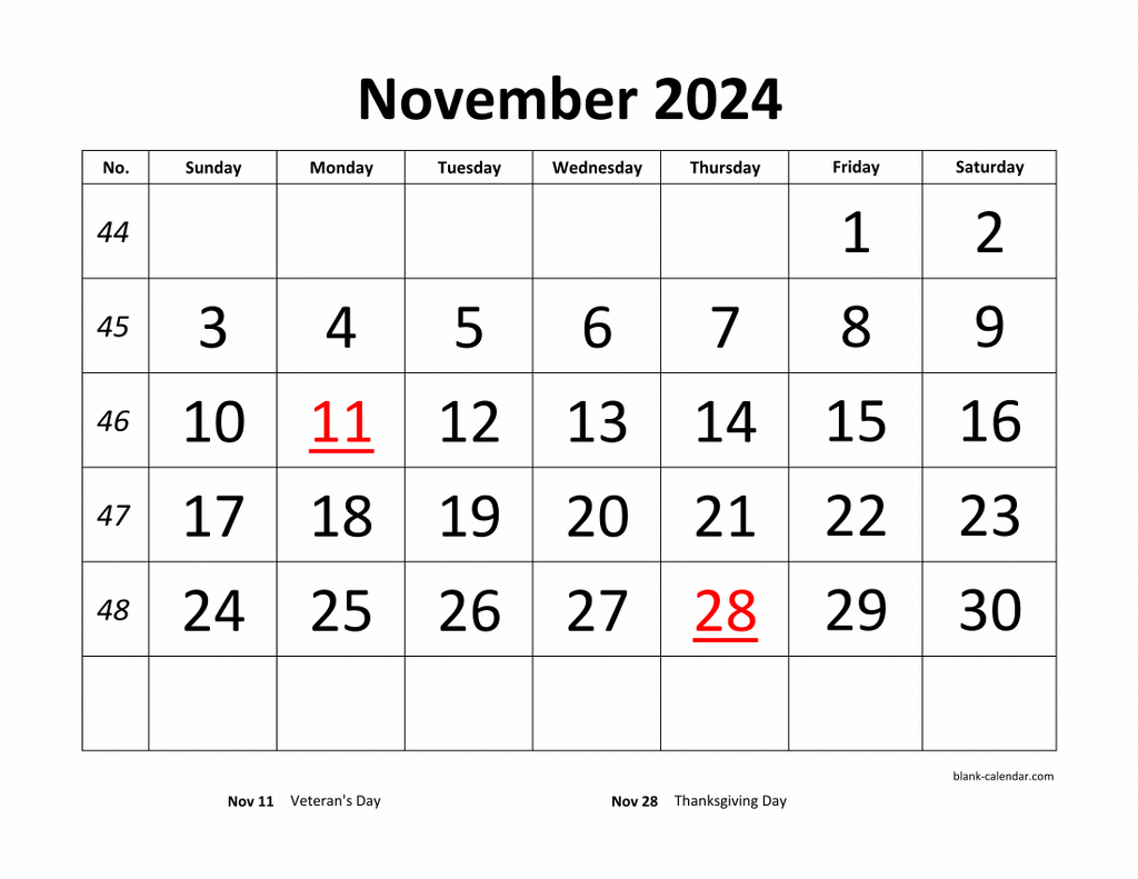 Free Download Printable November 2024 Calendar, Large Font Design for November 2024 Calendar With Holidays Free Printable