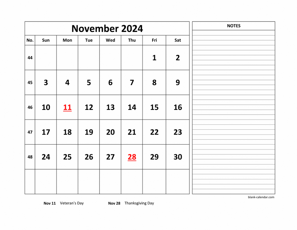 Free Download Printable November 2024 Calendar, Large Space For pertaining to November 2024 Printable Calendar Space For Notes Included