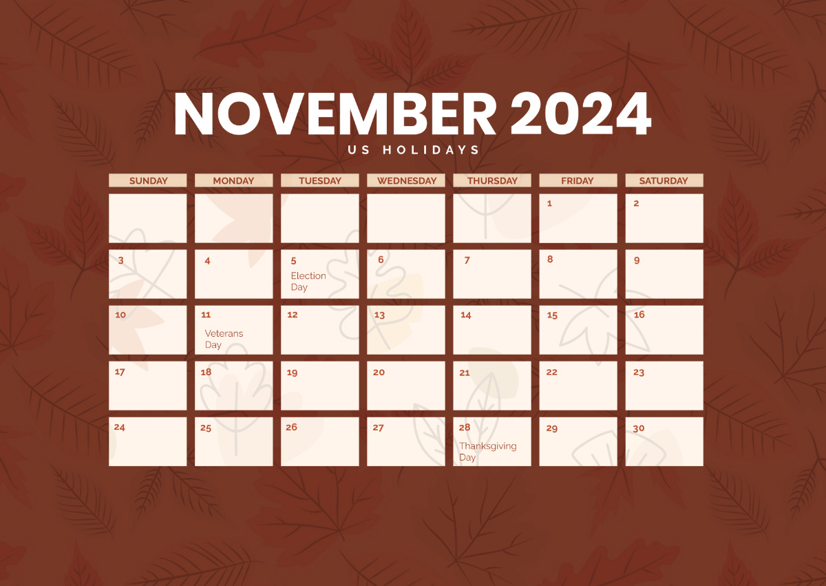 Free November 2024 Calendar With Holidays Usa Template - Edit inside November 2024 Calendar With Holidays Usa Printable