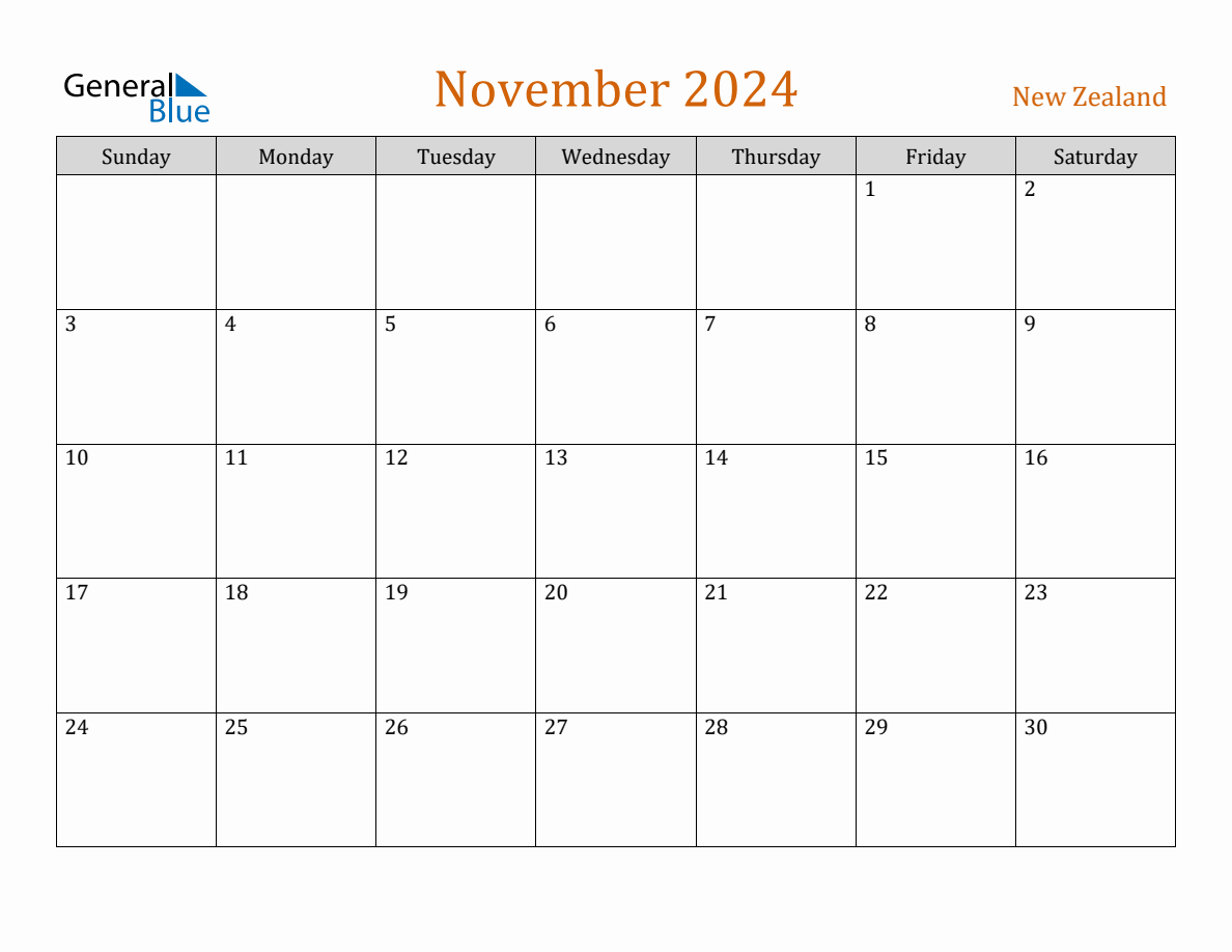 Free November 2024 New Zealand Calendar intended for November 2024 Calendar Nz Printable