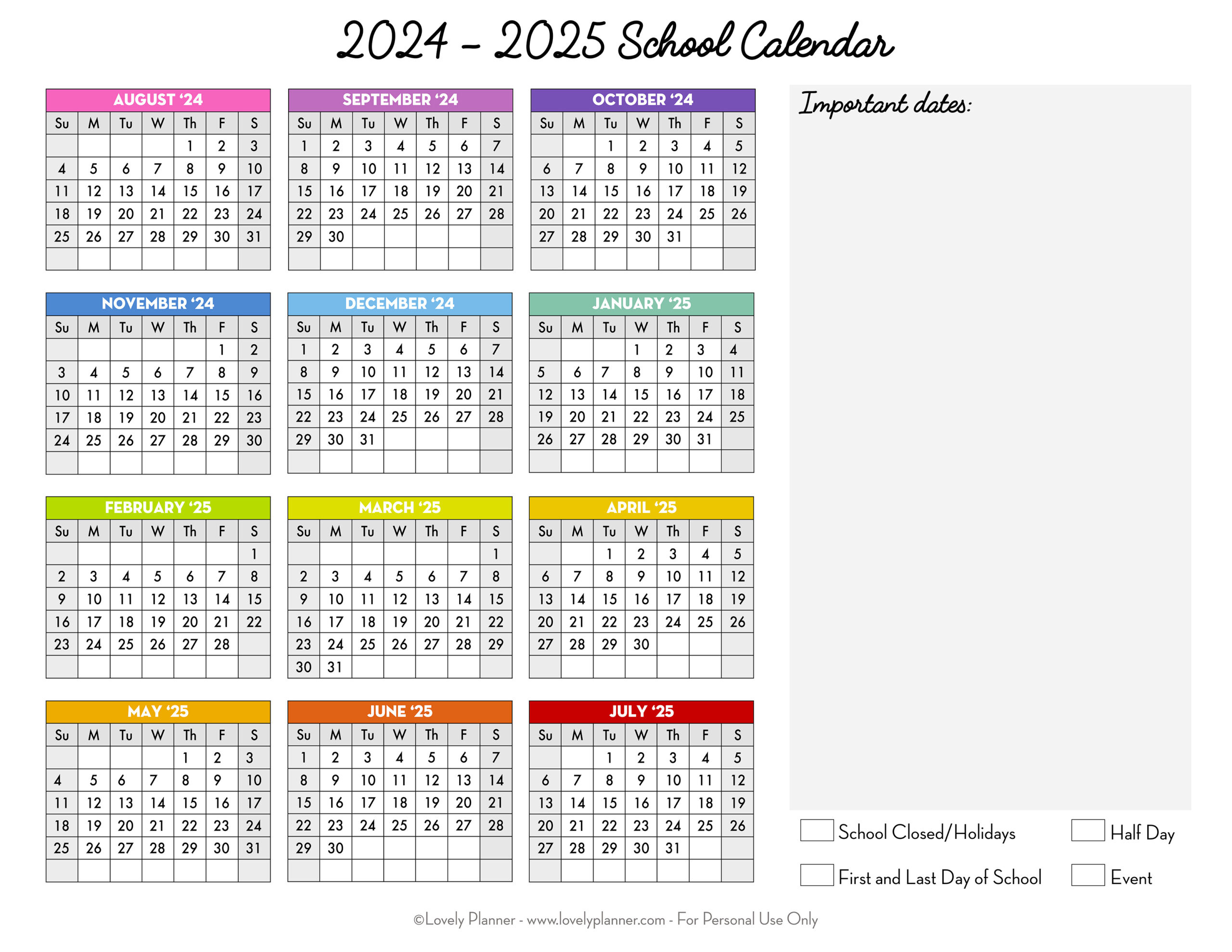 Free Printable 2024-2025 School Calendar - One Page Academic intended for November 2024 School Calendar Printable