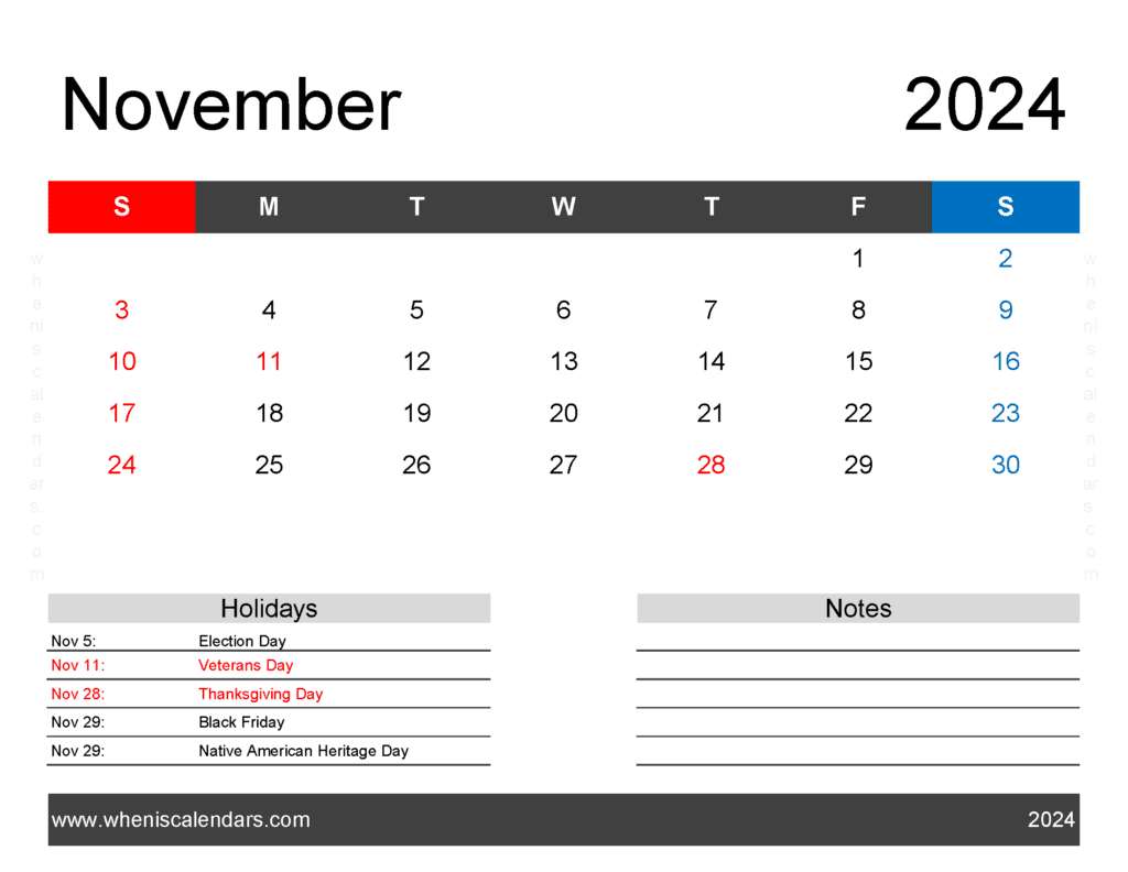 Free Printable 2024 Monthly Calendar With Holidays with Free Printable November 2024 Calendar Waterproof Paper