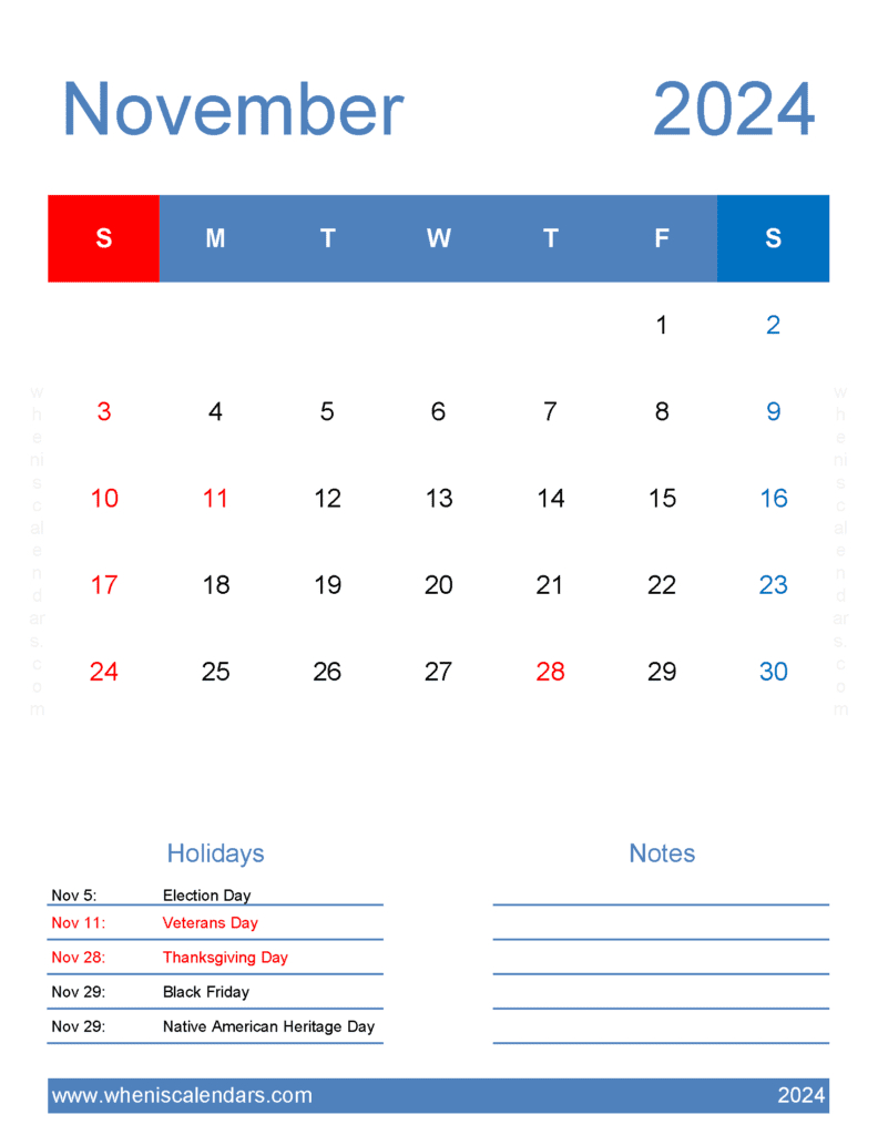 Free Printable 2024 Monthly Calendar With Holidays with regard to Free Printable November 2024 Calendar Waterproof Paper