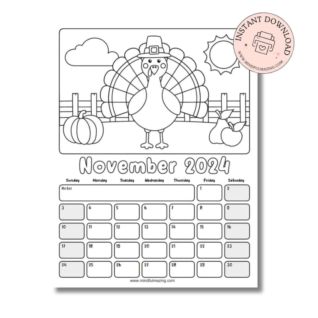 Free Printable Coloring Calendar For Kids In 2024 • Mindfulmazing pertaining to November 2024 Printable Coloring Calendar