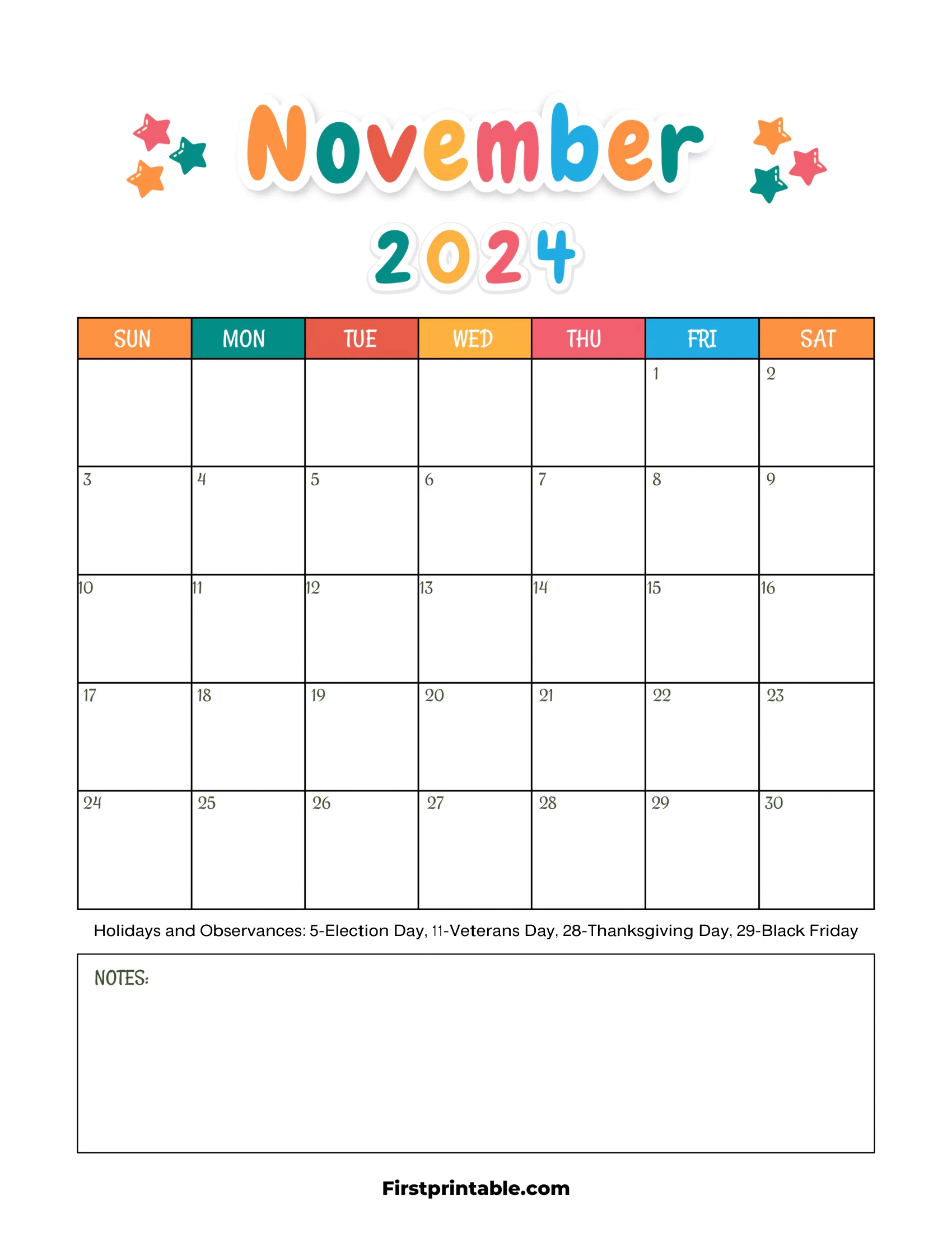 Free Printable &amp;amp; Fillable November Calendar 2024 for November 2024 Kids Calendar Free Printable