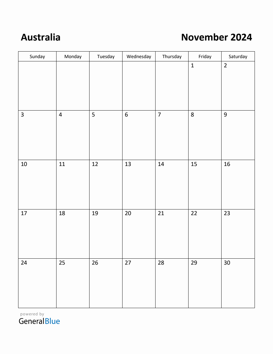 Free Printable November 2024 Calendar For Australia with regard to November 2024 Printable Calendar Australia