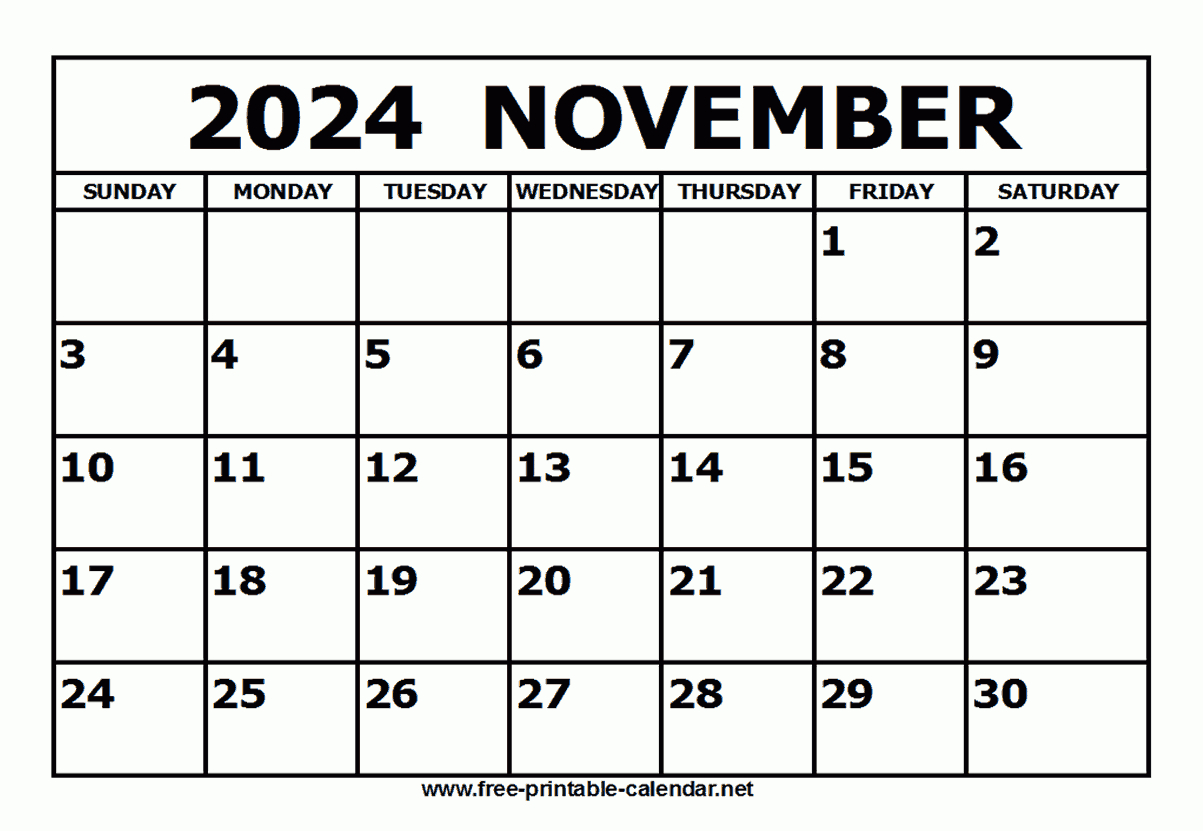 Free Printable November 2024 Calendar in November 2024 Calendar Printable Ink Saver