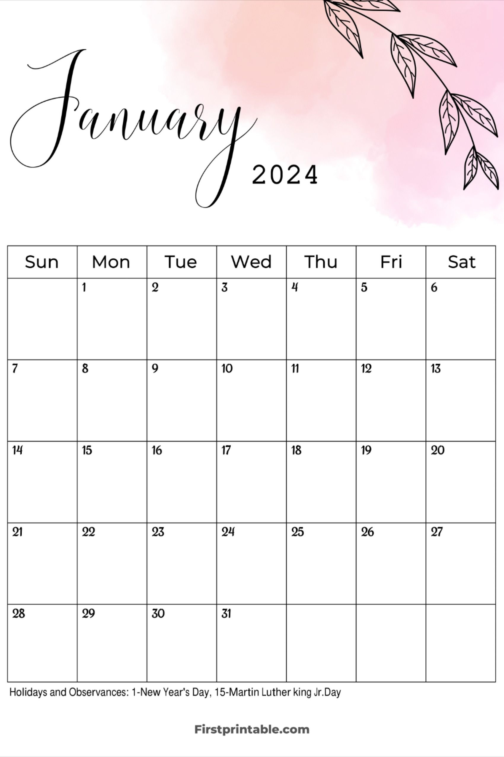 January 2024 Calendar With Holidays | Free Printable | Floral inside November 2024 January 2024 Calendar Printable