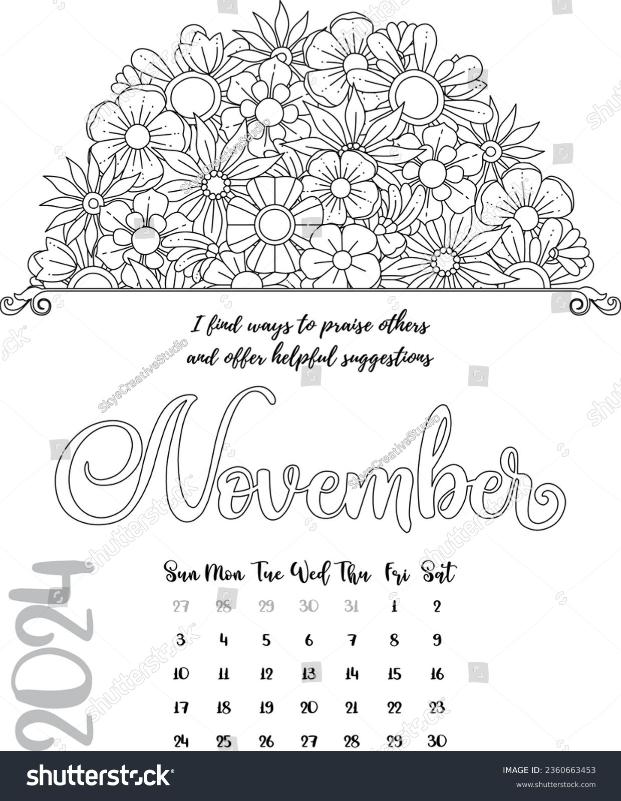 Mandala Affirmation Calendar Coloring Page November Stock Vector within November 2024 Printable Coloring Calendar