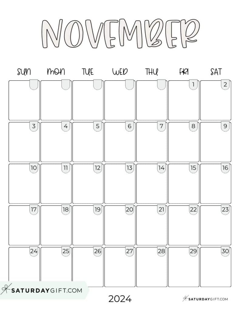 November 2024 Calendar - 20 Cute &amp;amp; Free Printables | Saturdaygift in Free Printable Printable Calendar 2024 November