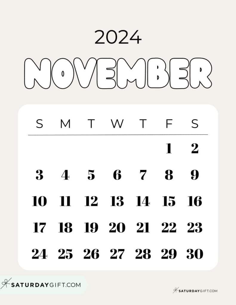 November 2024 Calendar - 20 Cute &amp;amp; Free Printables | Saturdaygift in November 2024 23 Calendar Printable