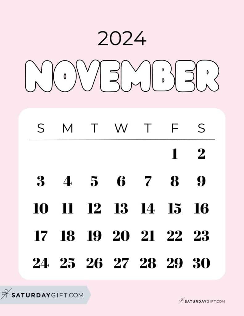 November 2024 Calendar - 20 Cute &amp;amp; Free Printables | Saturdaygift intended for November 2024 Calendar Cute Printable