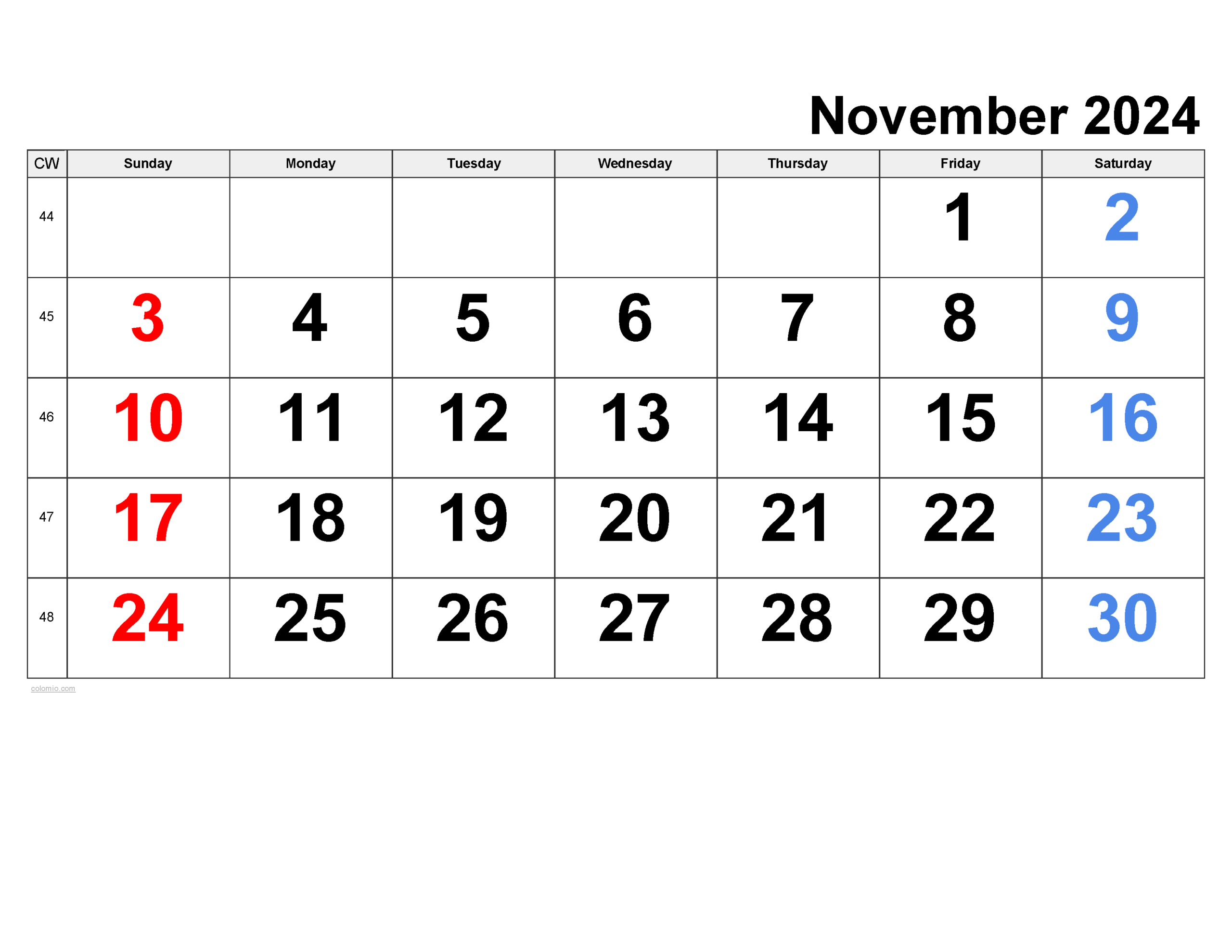 November 2024 Calendar | Free Printable Pdf, Xls And Png pertaining to November 2024 Calendar Numbers Printable