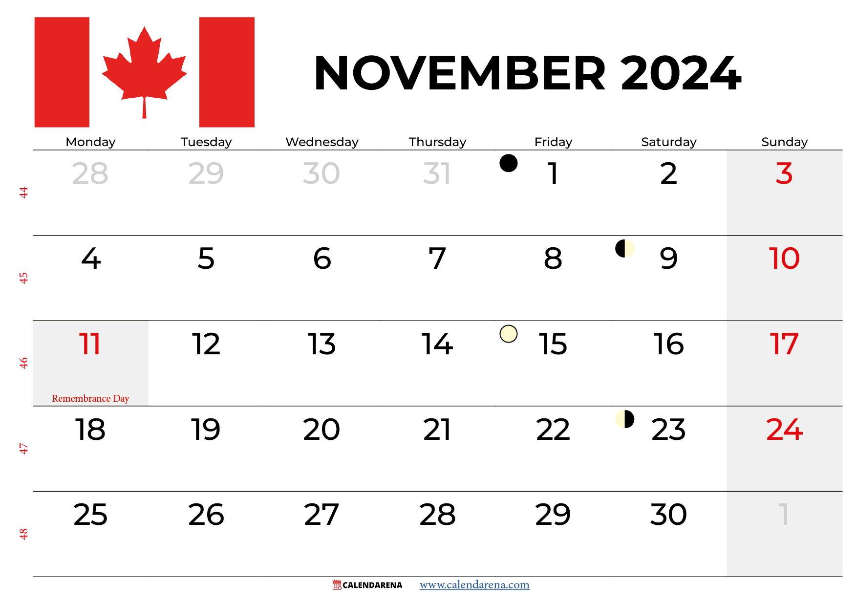 November 2024 Calendar Printable Canada within November 2024 Printable Calendar Canada