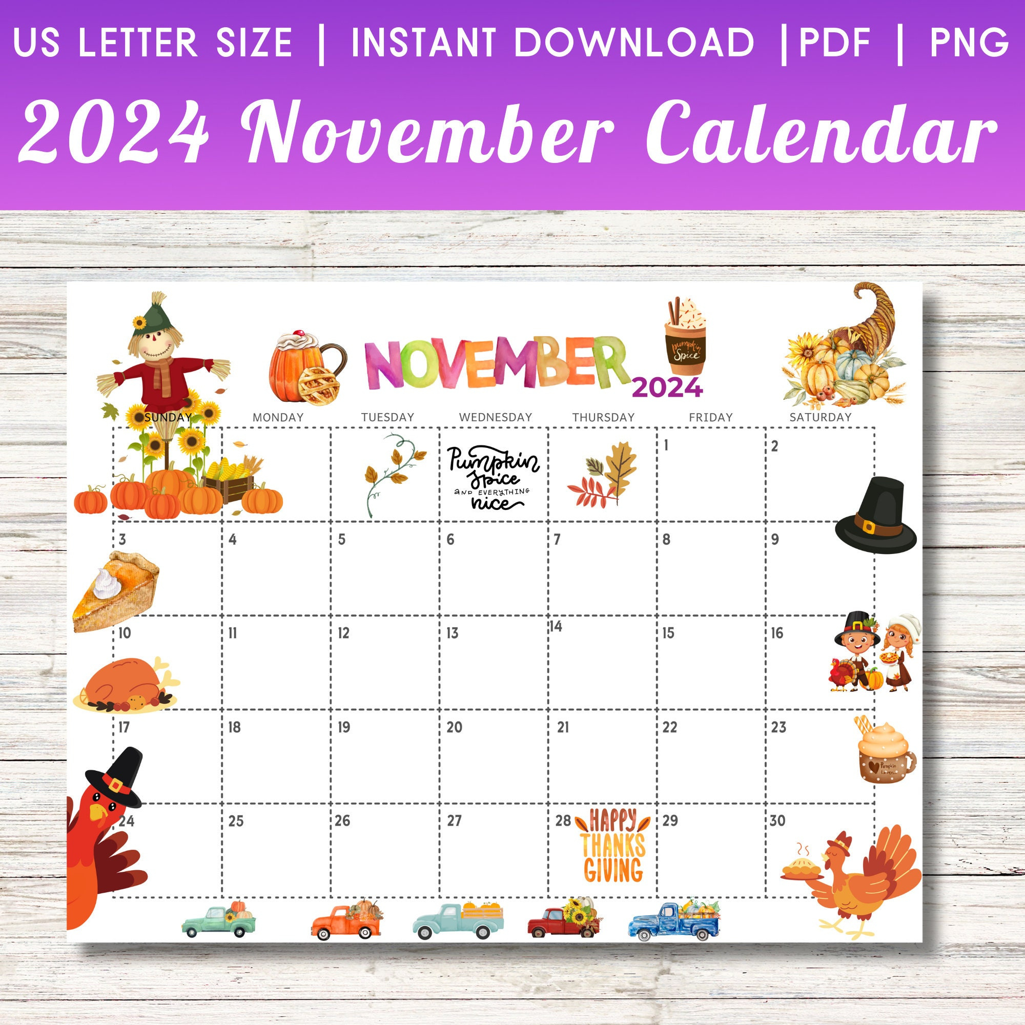 November 2024 Calendar Printable Kids Calendar 2024 Calendar for November 2024 Printable Calendar Thanksgiving