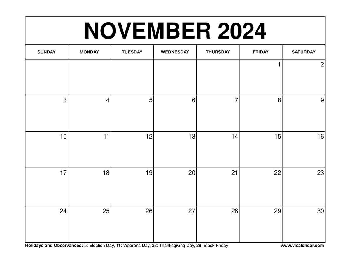 November 2024 Calendar Printable Templates With Holidays throughout November 2024 Daily Calendar Printable