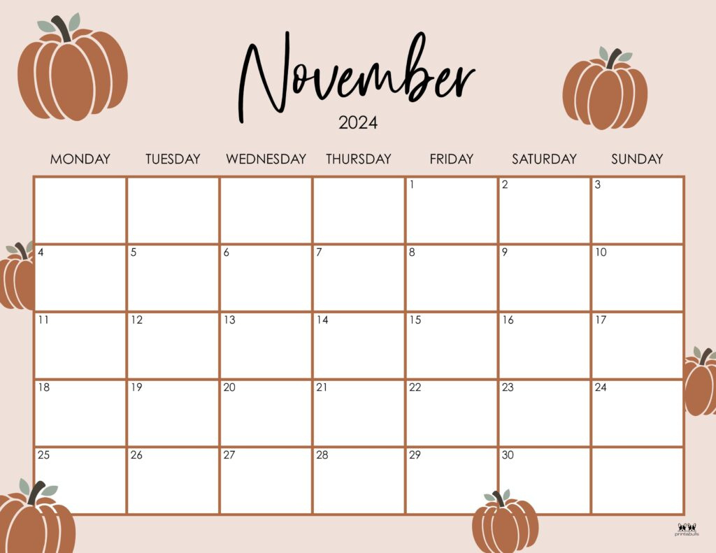 November 2024 Calendars - 50 Free Printables | Printabulls for November 2024 Calendar Printable Starting Monday