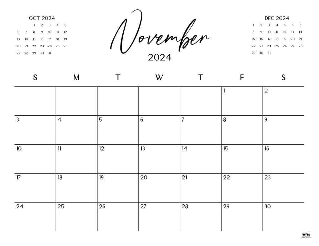 November 2024 Calendars - 50 Free Printables | Printabulls pertaining to November 2024 Calendar Free Printable No Hilidays