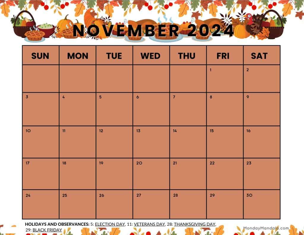 November 2024 Calendars (52 Free Printable Pdfs) for Free Printable November 2024 Calendar Thanksgiving