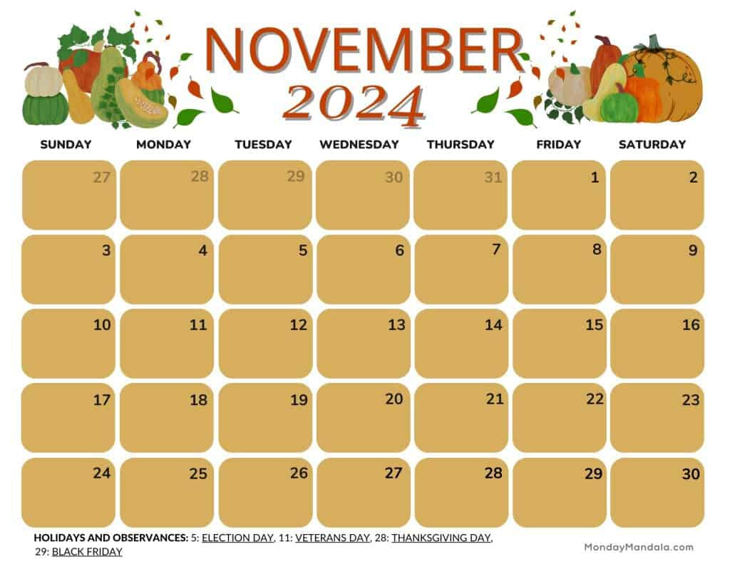 November 2024 Calendars (52 Free Printable Pdfs) with regard to November 2024 Calendar With Holidays Printable