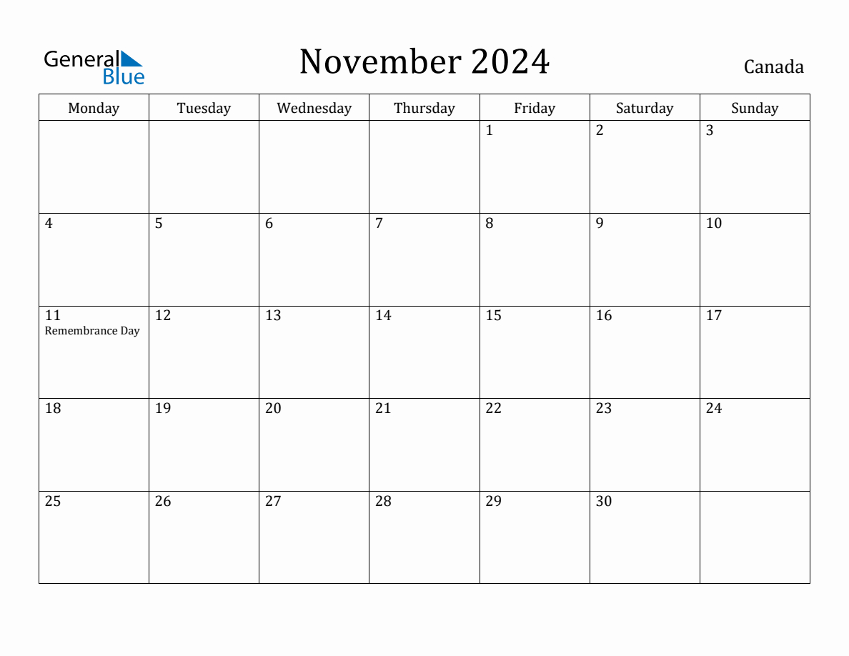 November 2024 - Canada Monthly Calendar With Holidays for November 2024 Printable Calendar Canada