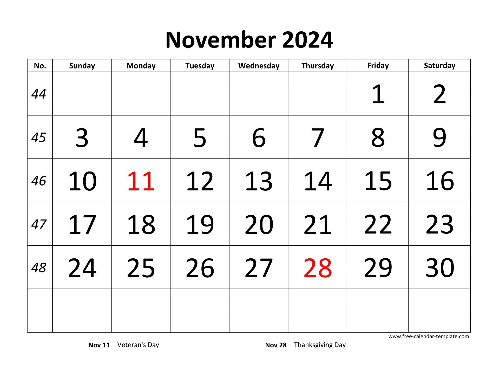 November 2024 Free Calendar Tempplate | Free-Calendar-Template for November 2024 Printable Calendar Large Boxes