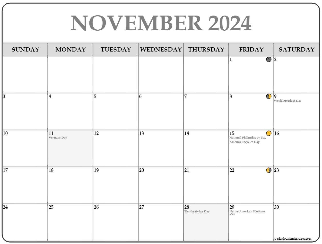 November 2024 Lunar Calendar | Moon Phase Calendar throughout November 2024 Printable Moon Phase Calendar