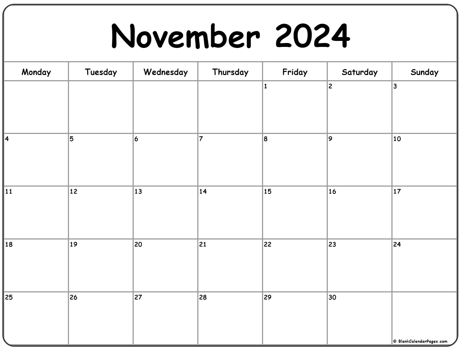 November 2024 Monday Calendar | Monday To Sunday within November 2024 Calendar Printable Starting Monday