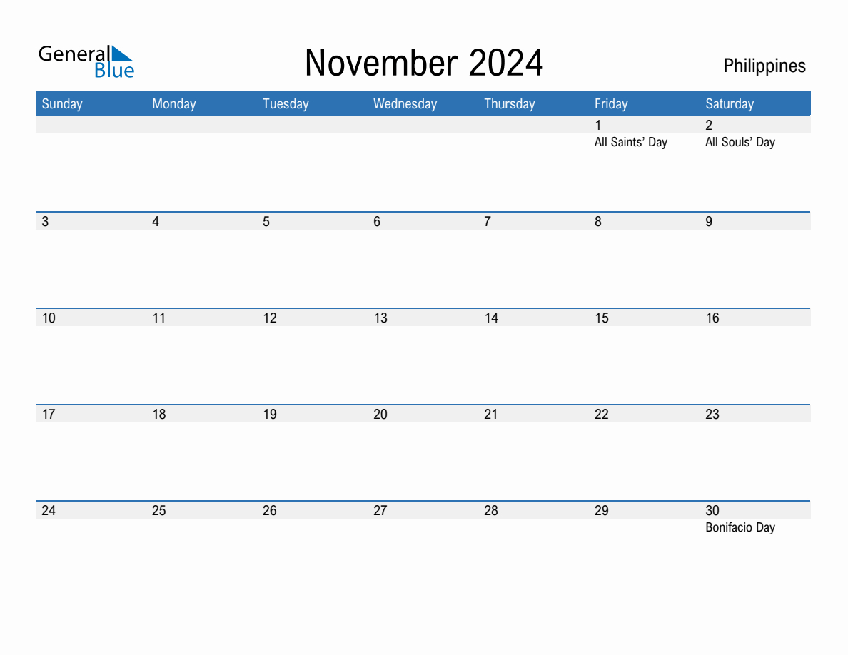 November 2024 Monthly Calendar With Philippines Holidays for November 2024 Philippine Calendar Printable