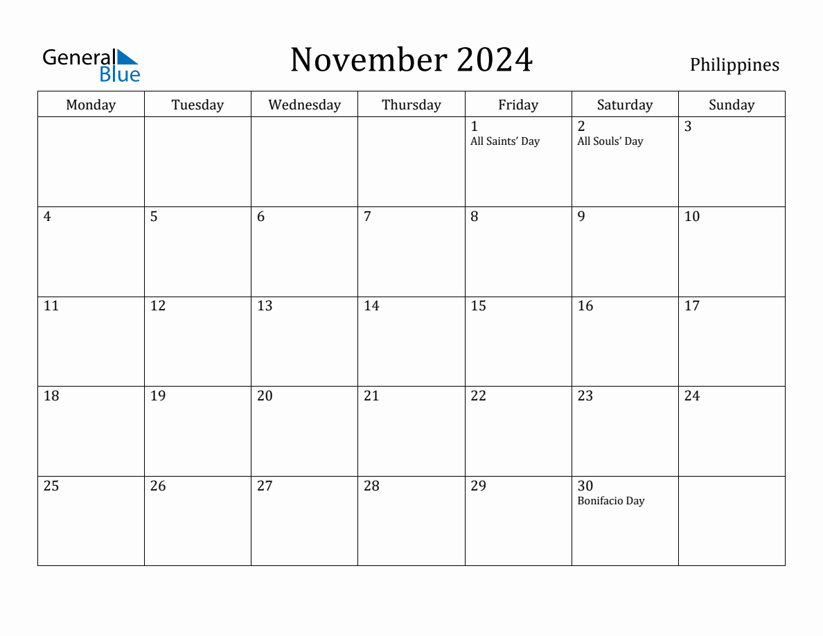 November 2024 - Philippines Monthly Calendar With Holidays within November 2024 Philippine Calendar Printable