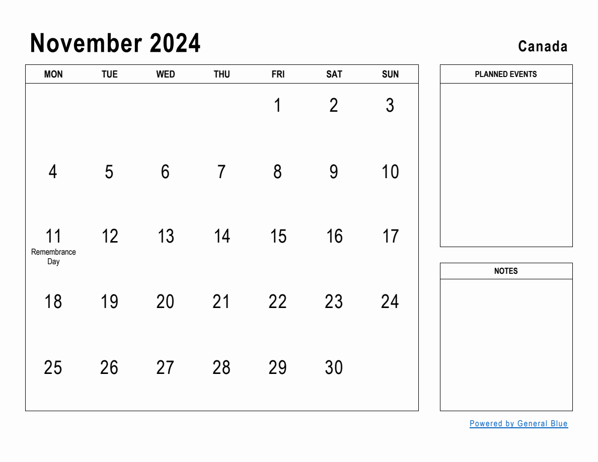 November 2024 Planner With Canada Holidays inside November 2024 Calendar Canada Printable