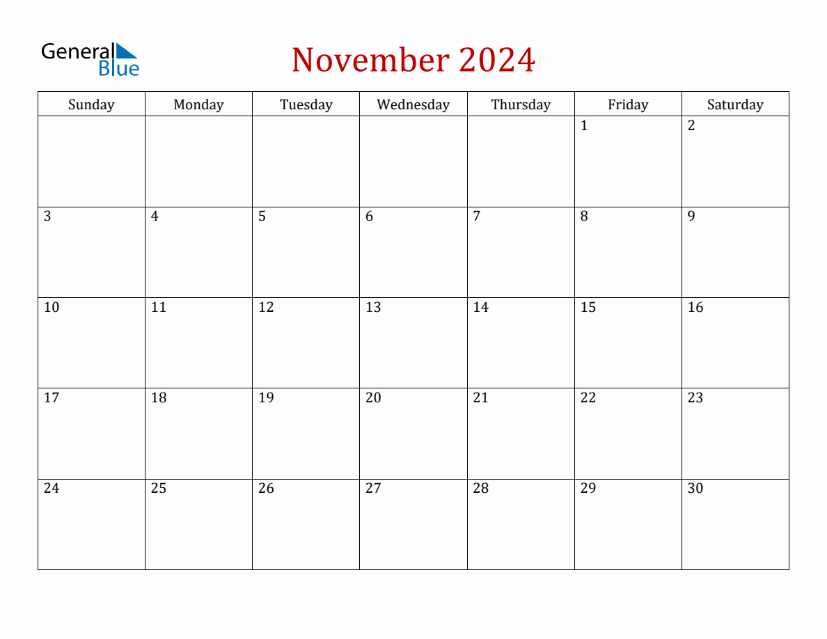 November 2024 Simple Calendar With Sunday Start intended for November 2024 Calendar Printable General Blue