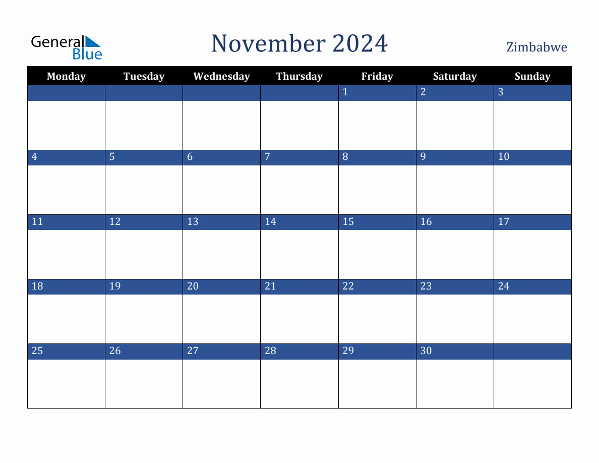 November 2024 Zimbabwe Holiday Calendar for November 2024 Calendar Printable General Blue