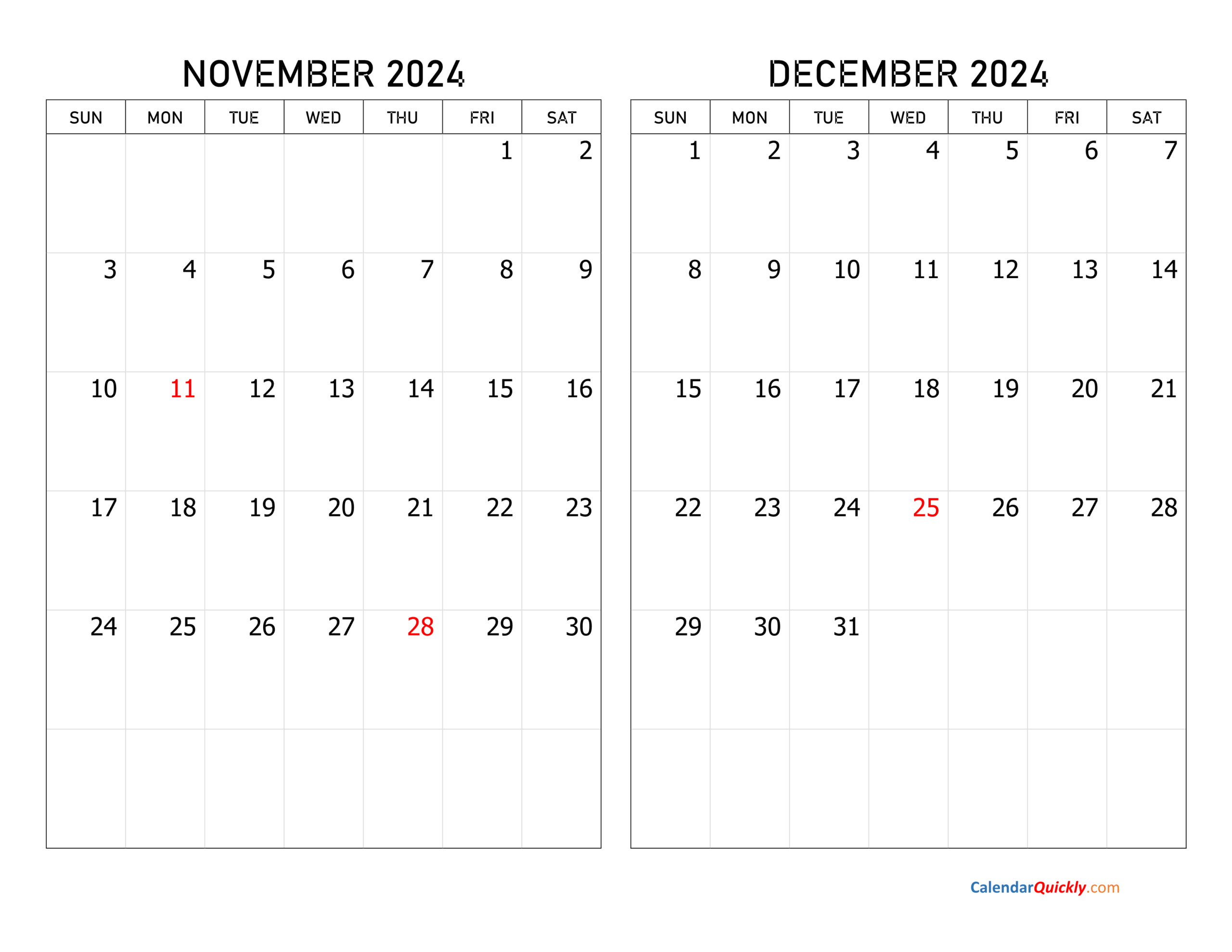 November And December 2024 Calendar | Calendar Quickly in Calendar November And December 2024 Printable