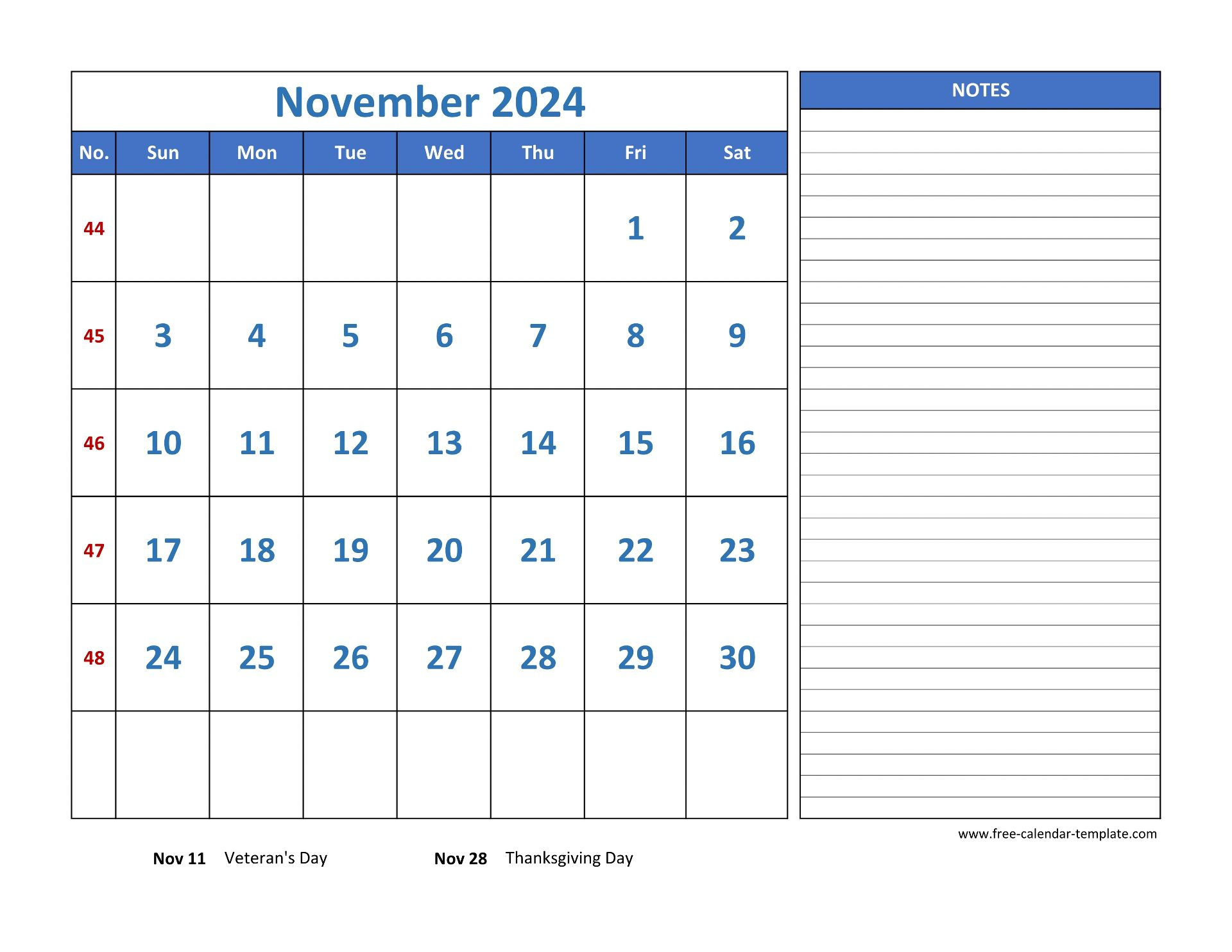 November Calendar 2024 Grid Lines For Holidays And Notes for November 2024 Calendar Printable Free Days Lined